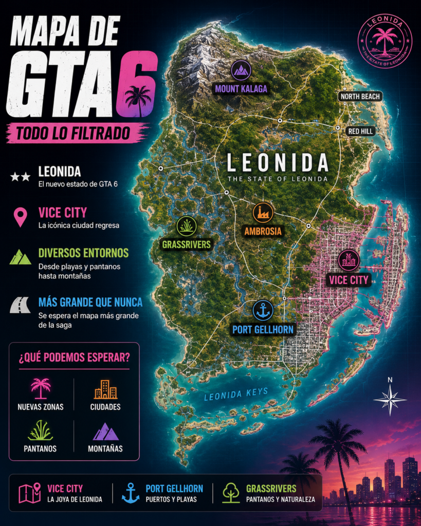 Mapa de GTA 6: tamaño, ciudades y todas las localizaciones